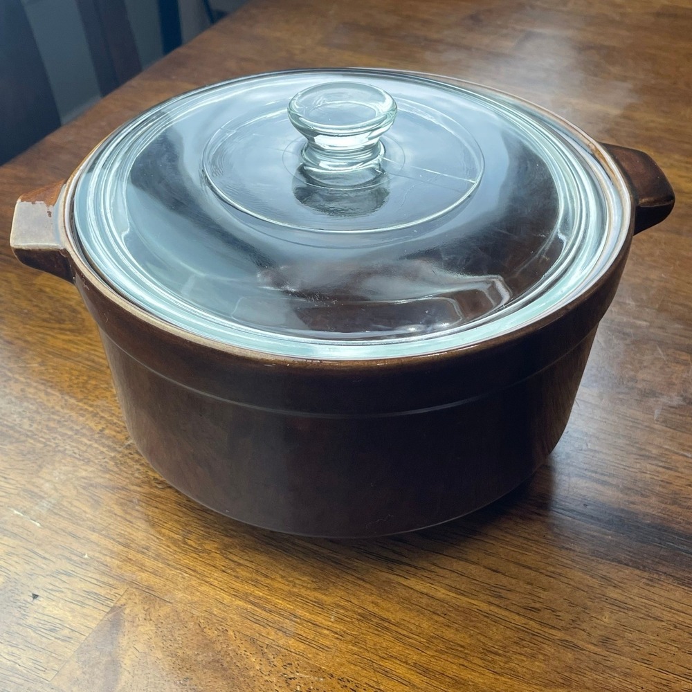 Vintage Brown Glazed Ceramic Bean Pot Casserole Dish with Glass Lid Round 8.5in